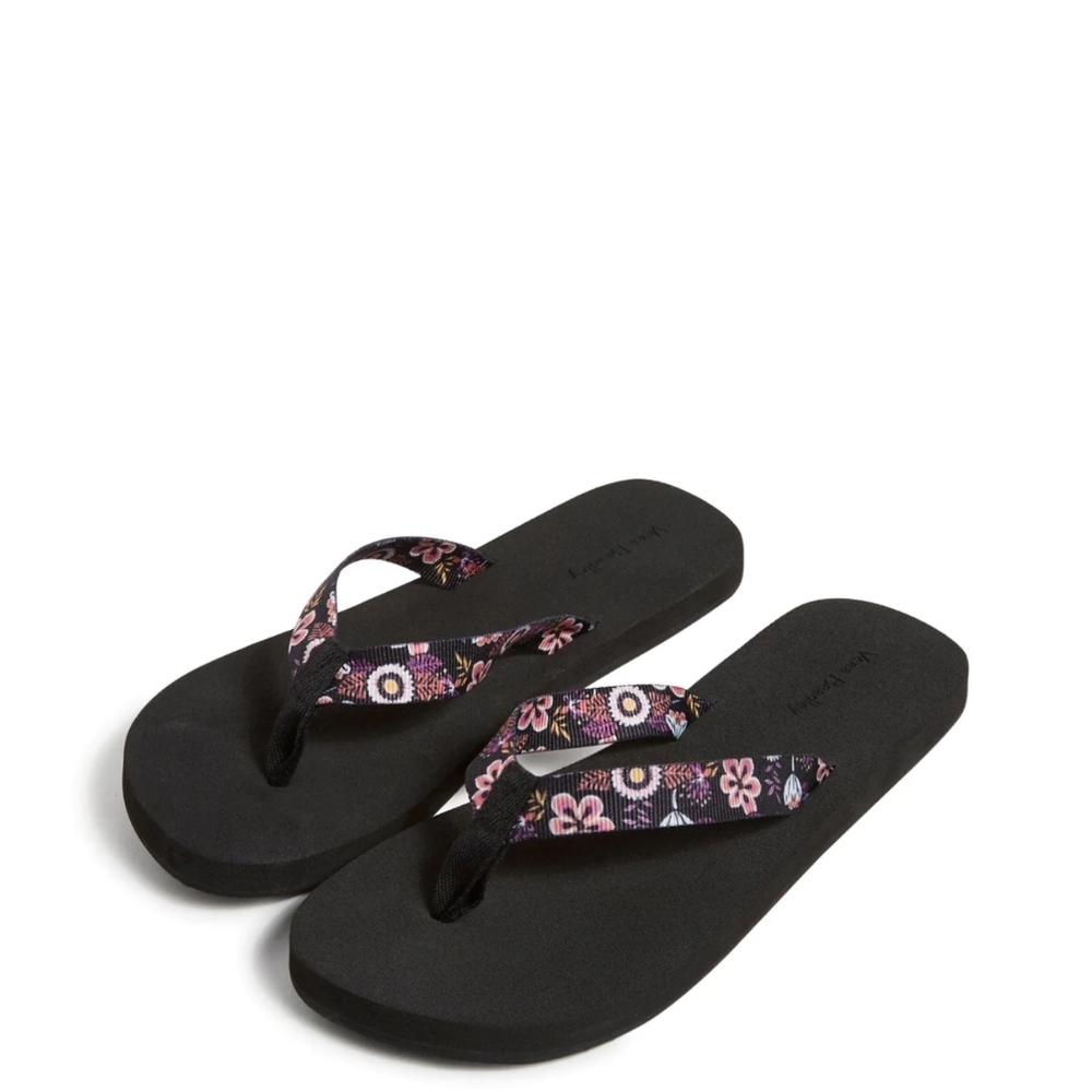NWT Vera Bradley Flip Flops Sandals, Medium 7-8, Black Kauai Floral
